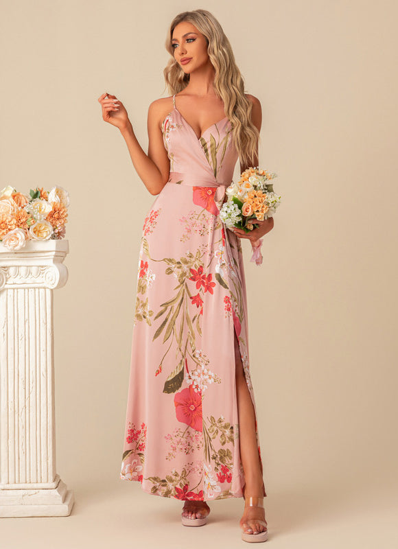 Trapèze col v asymétrique satin robe de demoiselle d'honneur - gallery 3