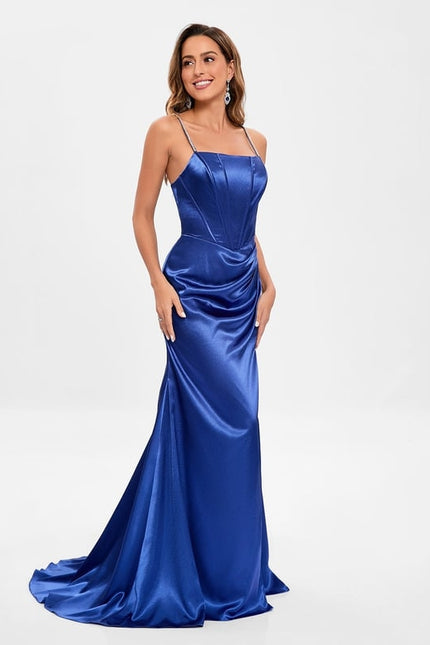 Sirène col droit traîne balayage satin extensible robe de bal avec strass - gallery 4