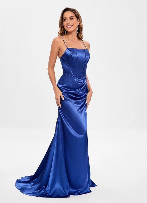 Sirène col droit traîne balayage satin extensible robe de bal avec strass - gallery 4