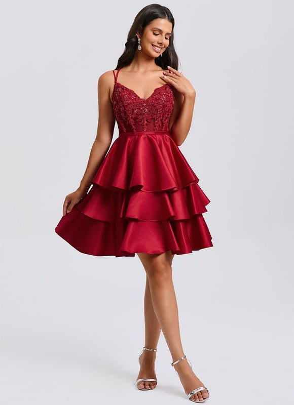 Princesse col v court satin robe de bal de promo avec paillettes appliques de dentelle perles - gallery 6