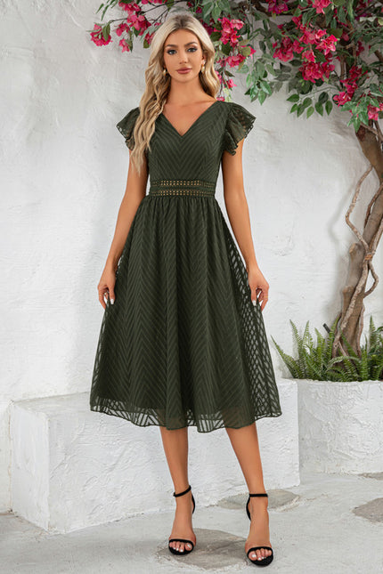 Robe à volants jacquard col v trapèze mousseline jacquard midi - gallery 3