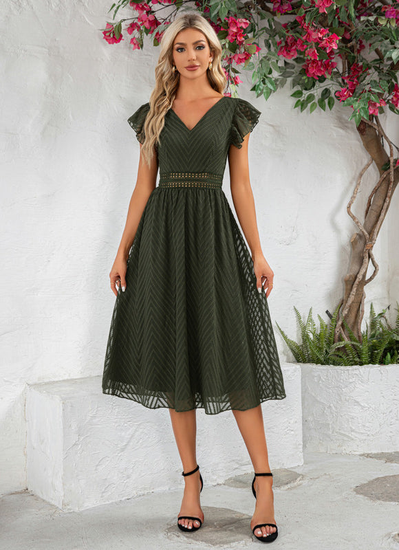 Robe à volants jacquard col v trapèze mousseline jacquard midi - gallery 3