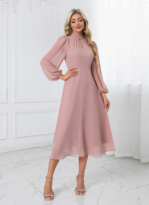 Robe col montant trapèze mousseline midi
