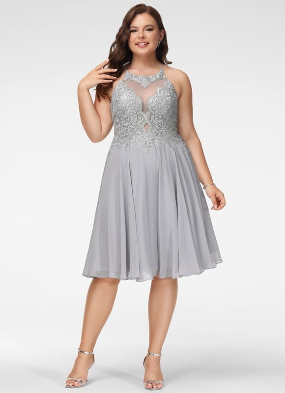 Trapèze col rond longueur genou dentelle mousseline robe de cocktail avec paillettes - gallery 6