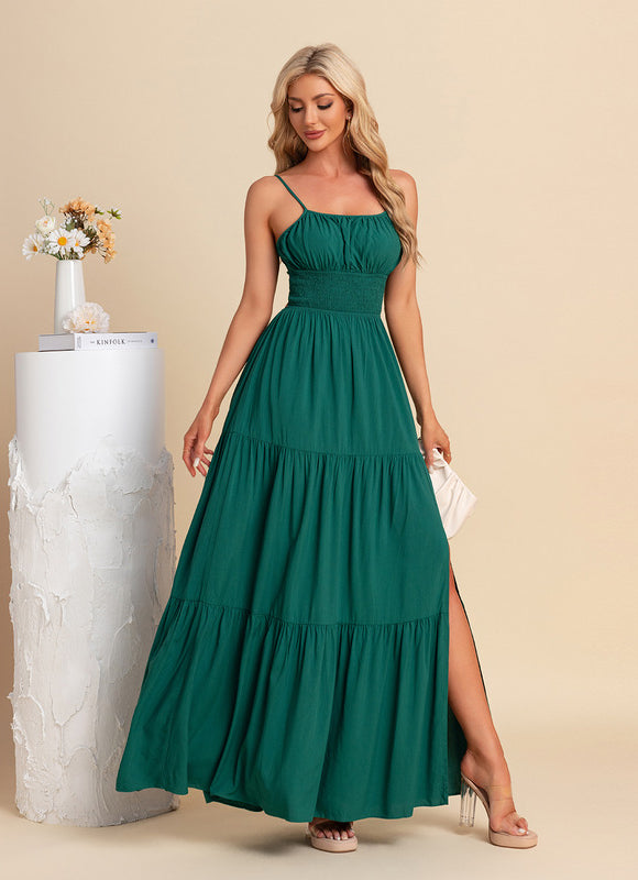 Robe plissée col carré trapèze polyester maxi - gallery 2