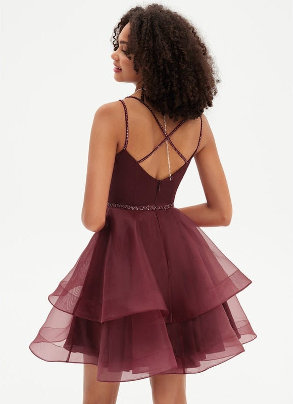 Trapèze col rond court organza robe de bal de promo avec perles paillettes - gallery 6