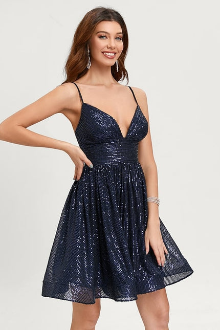 Trapèze col v court paillette robe de bal de promo avec paillettes - gallery 1