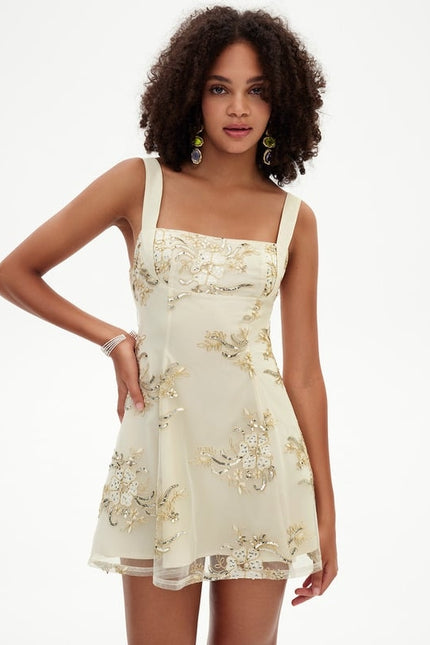 Trapèze col carré mini dentelle robe de bal de promo avec paillettes - gallery 6