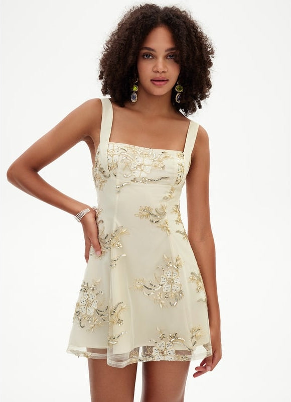 Trapèze col carré mini dentelle robe de bal de promo avec paillettes - gallery 6