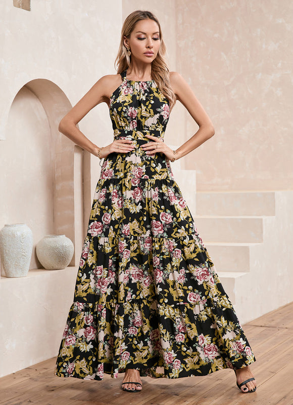Robe imprimé fleur licou trapèze polyester maxi - gallery 3