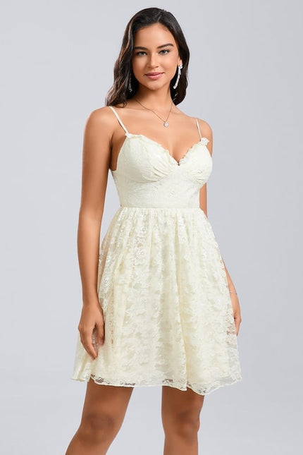 Trapèze col v court dentelle robe de bal de promo - gallery 2