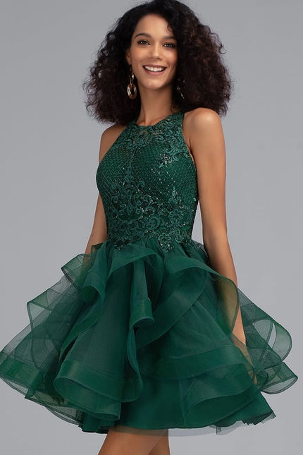 Princesse col rond court tulle dentelle robe de bal de promo avec paillettes