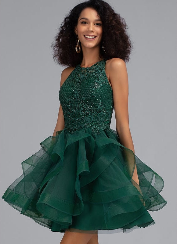 Princesse col rond court tulle dentelle robe de bal de promo avec paillettes