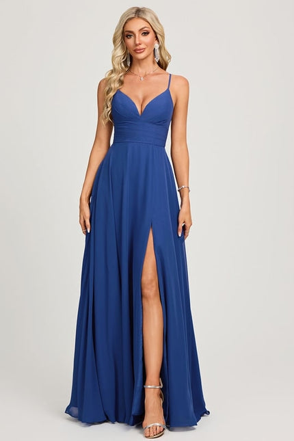 Trapèze col v longueur ras du sol mousseline robe de bal avec plissée - gallery 2