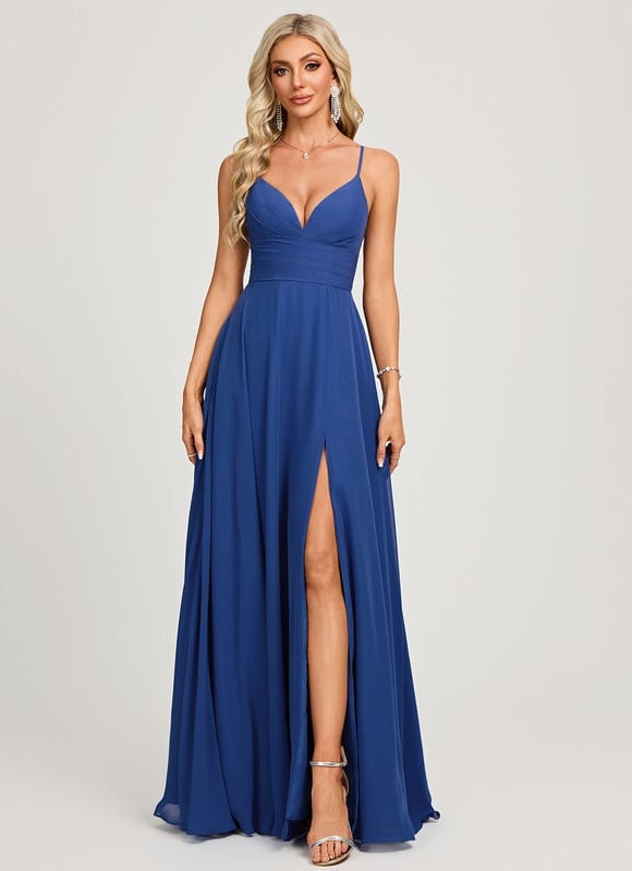 Trapèze col v longueur ras du sol mousseline robe de bal avec plissée - gallery 2