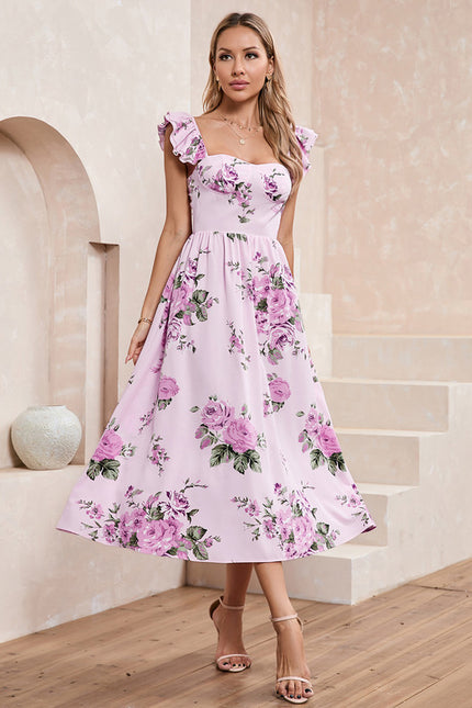 Robe imprimé fleur col cœur trapèze polyester midi