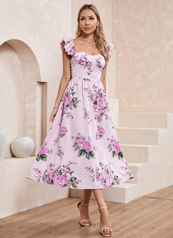 Robe imprimé fleur col cœur trapèze polyester midi