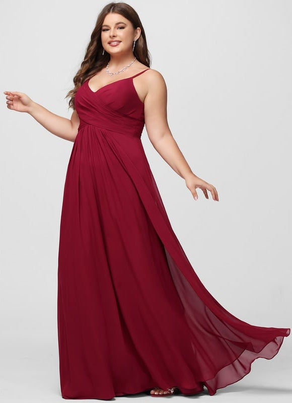 Trapèze col v longueur ras du sol mousseline robe de bal avec plissée - gallery 5