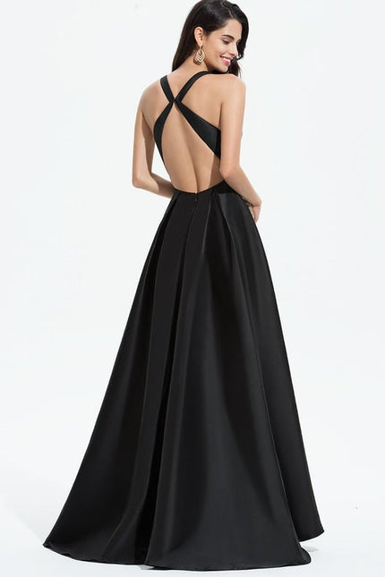 Trapèze col v asymétrique satin robe de demoiselle d'honneur - gallery 4