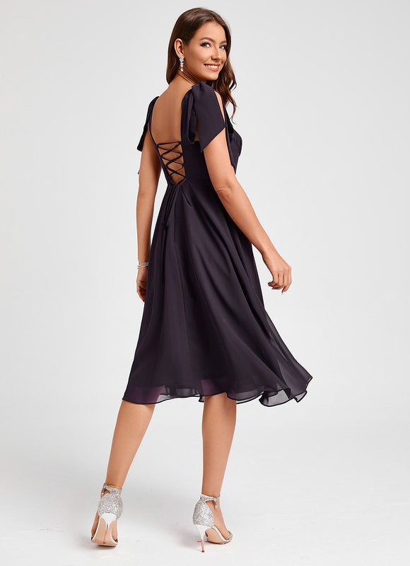 Trapèze col cœur longueur genou mousseline robe de cocktail - gallery 2