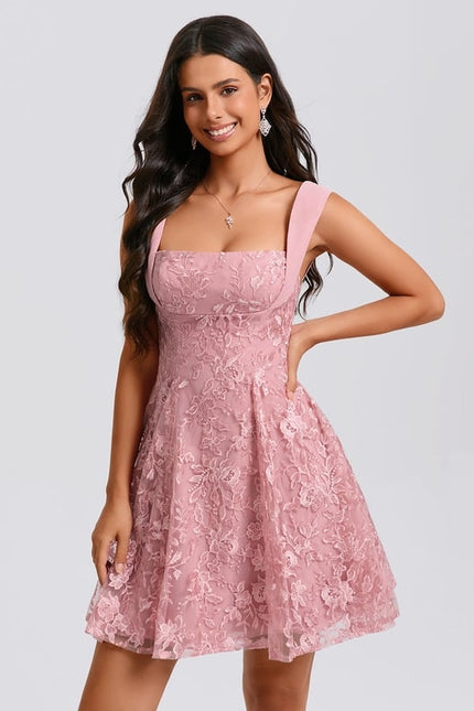 Trapèze col carré mini dentelle robe de bal de promo avec nœud paillettes - gallery 6