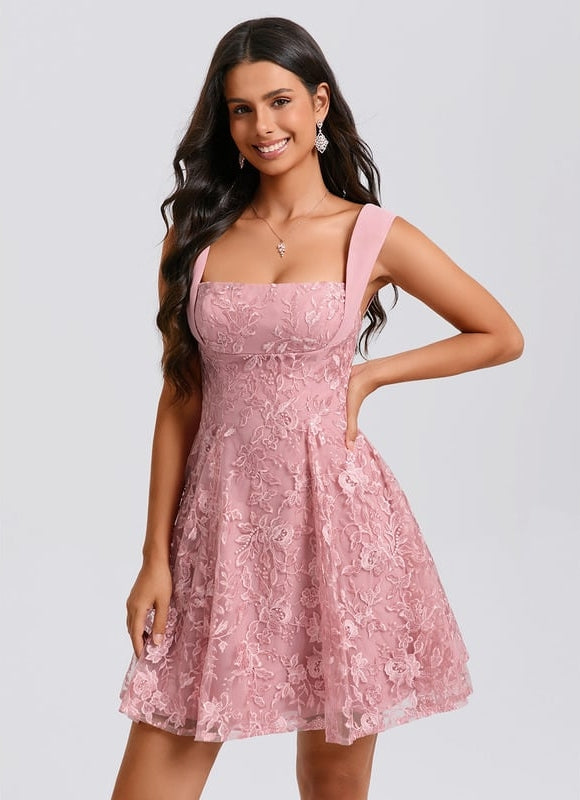 Trapèze col carré mini dentelle robe de bal de promo avec nœud paillettes - gallery 6