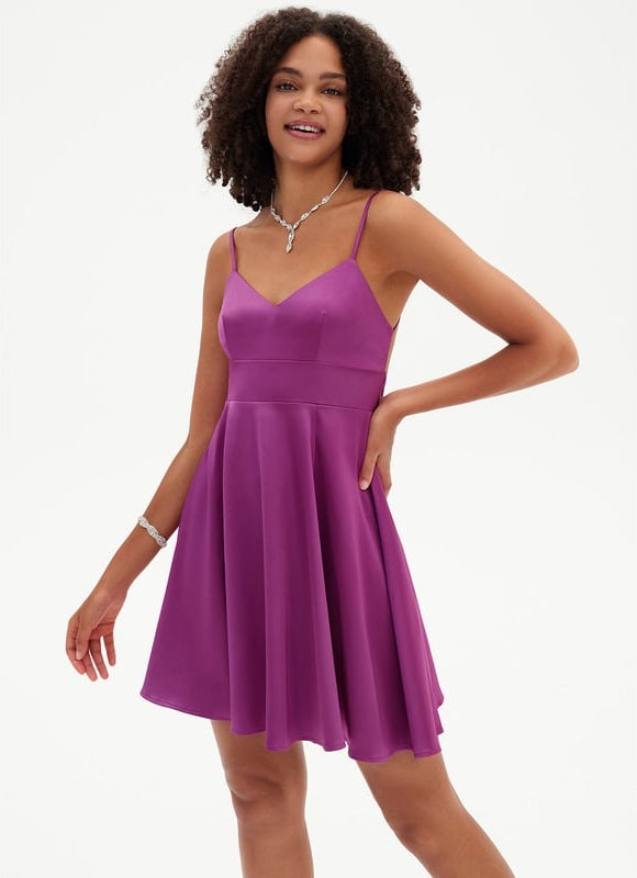 Trapèze col v mini satin de soie robe de bal de promo avec nœud - gallery 3