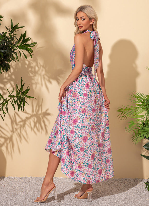 Robe imprimé fleur licou trapèze polyester maxi - gallery 5