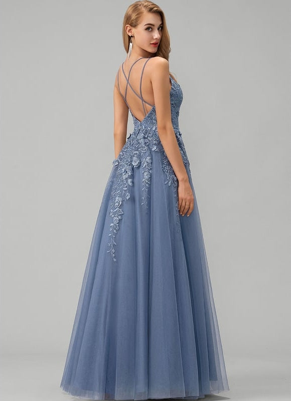 Princesse col v longueur ras du sol tulle robe de bal - gallery 1