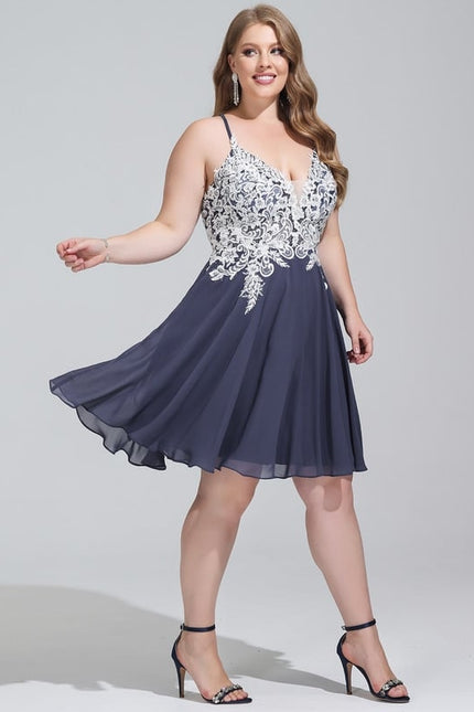 Trapèze col v court mousseline robe de bal de promo avec paillettes perles - gallery 6