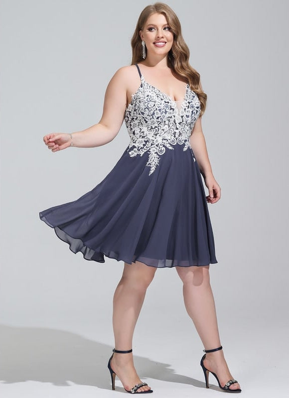 Trapèze col v court mousseline robe de bal de promo avec paillettes perles - gallery 6