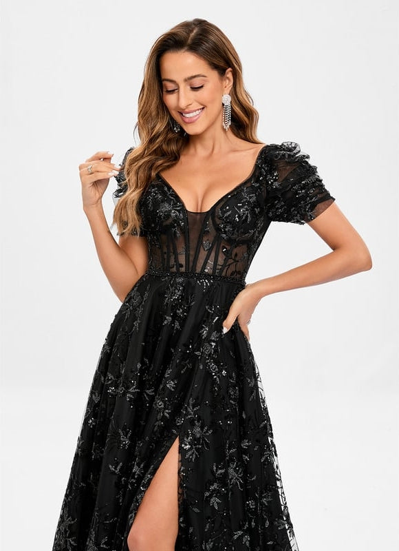 Trapèze col v traîne balayage floral dentelle robe de bal avec paillettes - gallery 3