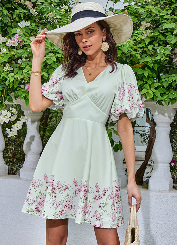 Robe imprimé fleur col v trapèze polyester mini